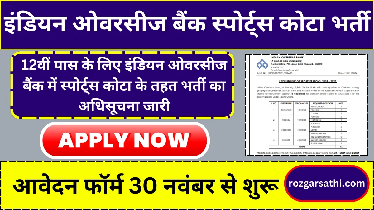 IOB Sports Quota Vacancy 2024: 12वीं पास के लिए इंडियन ओवरसीज बैंक में स्पोर्ट्स कोटा के तहत भर्ती का अधिसूचना जारी, आवेदन फॉर्म 30 नवंबर से शुरू
